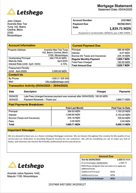 Download Mozambique Banco Letshego mortgage statement Word and PDF template Photoshop template